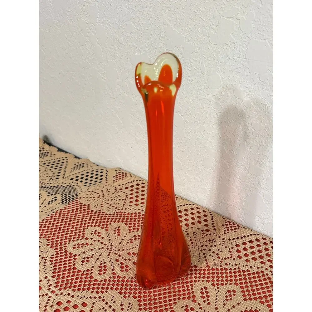 Vintage MCM Vikcing Glass Orange Persimmon Color- Swung Bud Vase- 10